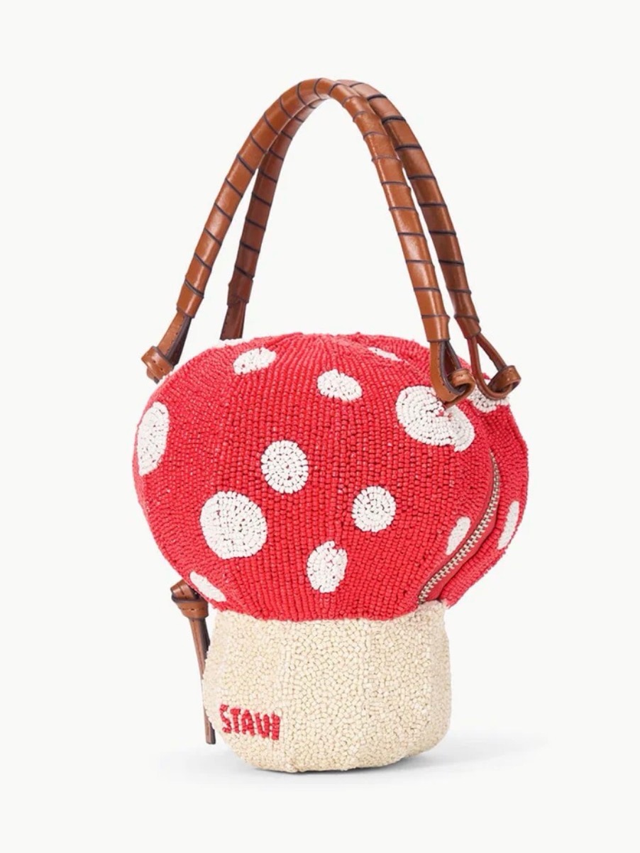 New Staud Red And Cream Mushroom Beaded Mini Bag With Brown Handles